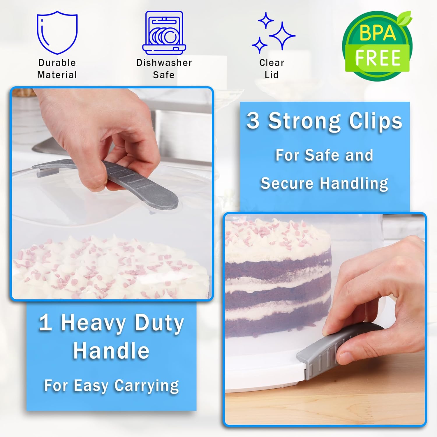 Extra Large Cake Carrier/Storage Container With Server - Holds up to 12 Inch 3-Layer Cake, Plate With Lid/Holder With Lid/Cover Clear Dome - Transports Pies or Other Desserts