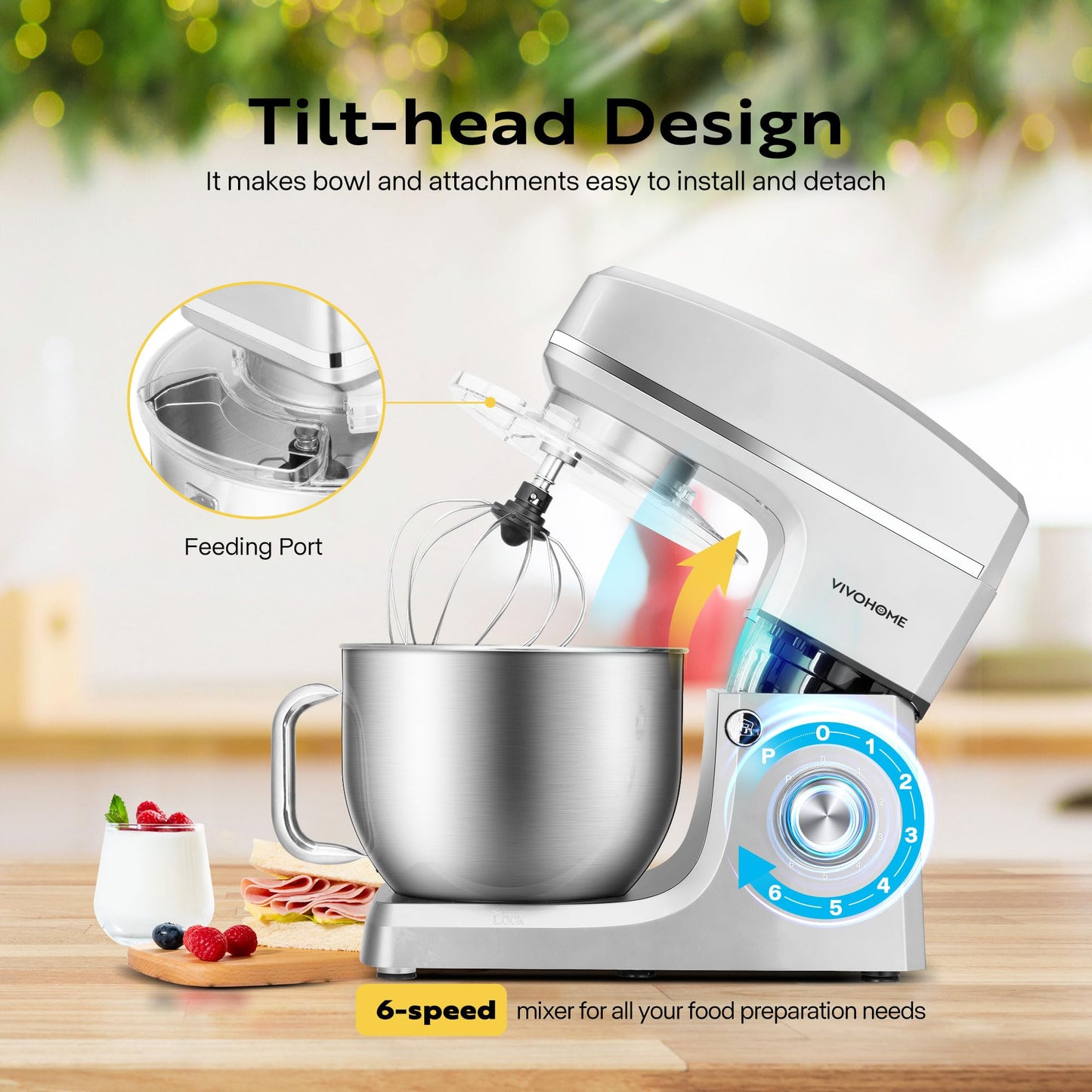 VIVOHOME 7.5 Quart Stand Mixer, 660W 6-Speed Tilt-Head Kitchen Electric Food Mixer with Beater, Dough Hook, Wire Whip, and Egg Separator, Silver