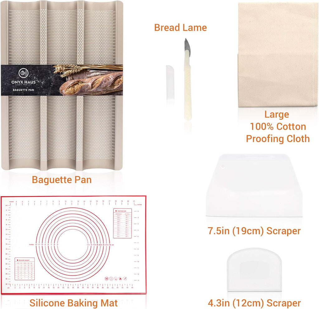 French Bread Kit - Baguette Pan for Baking, Silicone Baking Mat, Dough Cutter and Scraper, Bread Lame Cutter, & Bakers Couche Proofing Cloth - Nonstick Bread Pans for Homemade Bread Gift Set