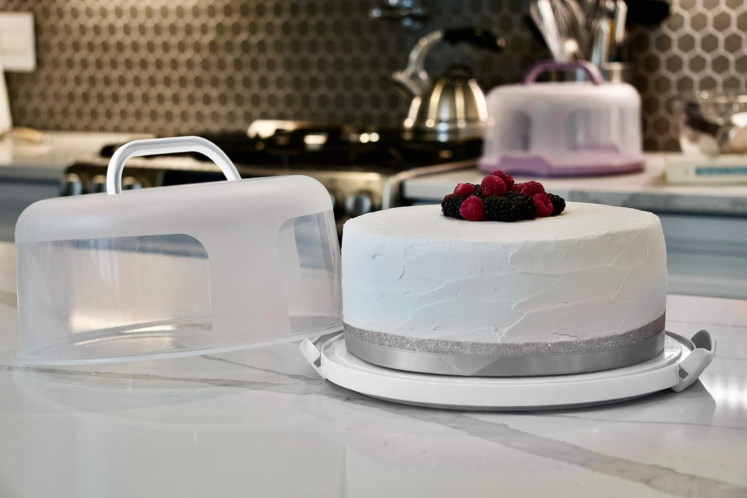 Top Shelf Elements Round Cake Carrier Two Sided Cake Holder Serves as Five Section Serving Tray, Portable Cake Stand Fits 10 inch Cake, Cake Box Comes With Handle, Cake Container Holds Pies (White)