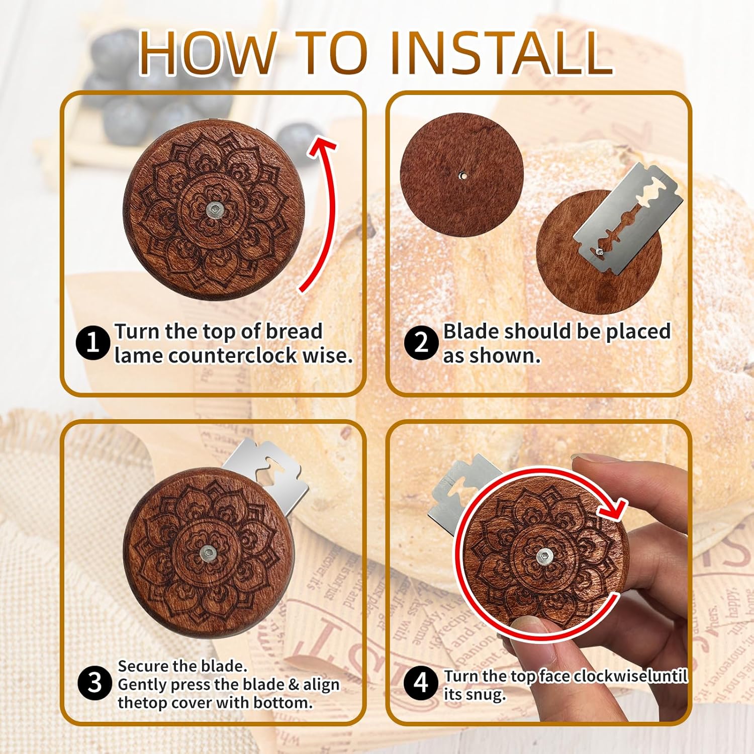 UFO Wooden Bread Lame Slashing Tool, Dough Scoring Knife with 5 Razor Blades and Storage Cover,Sourdough Bread Scoring Tool for Homemade (Lotus patterns)