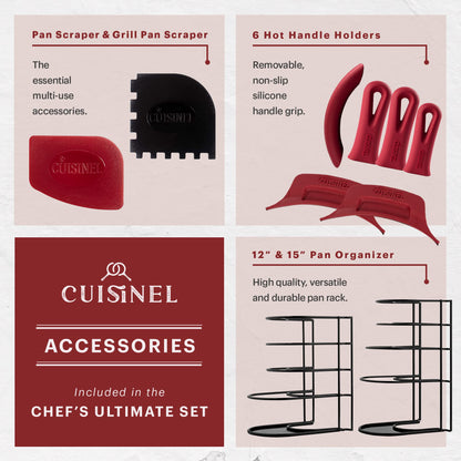 Cuisinel Cast Iron 24-Pc Cookware Set - 8" Skillet + Cast Iron Lid + 12"+Lid + 10" Braiser with Lid + Grill Pan + Lid + Griddle + 5-Qt Dutch Oven + Multi-Cooker + 12"+15" Pan Rack + Scraper + Handles