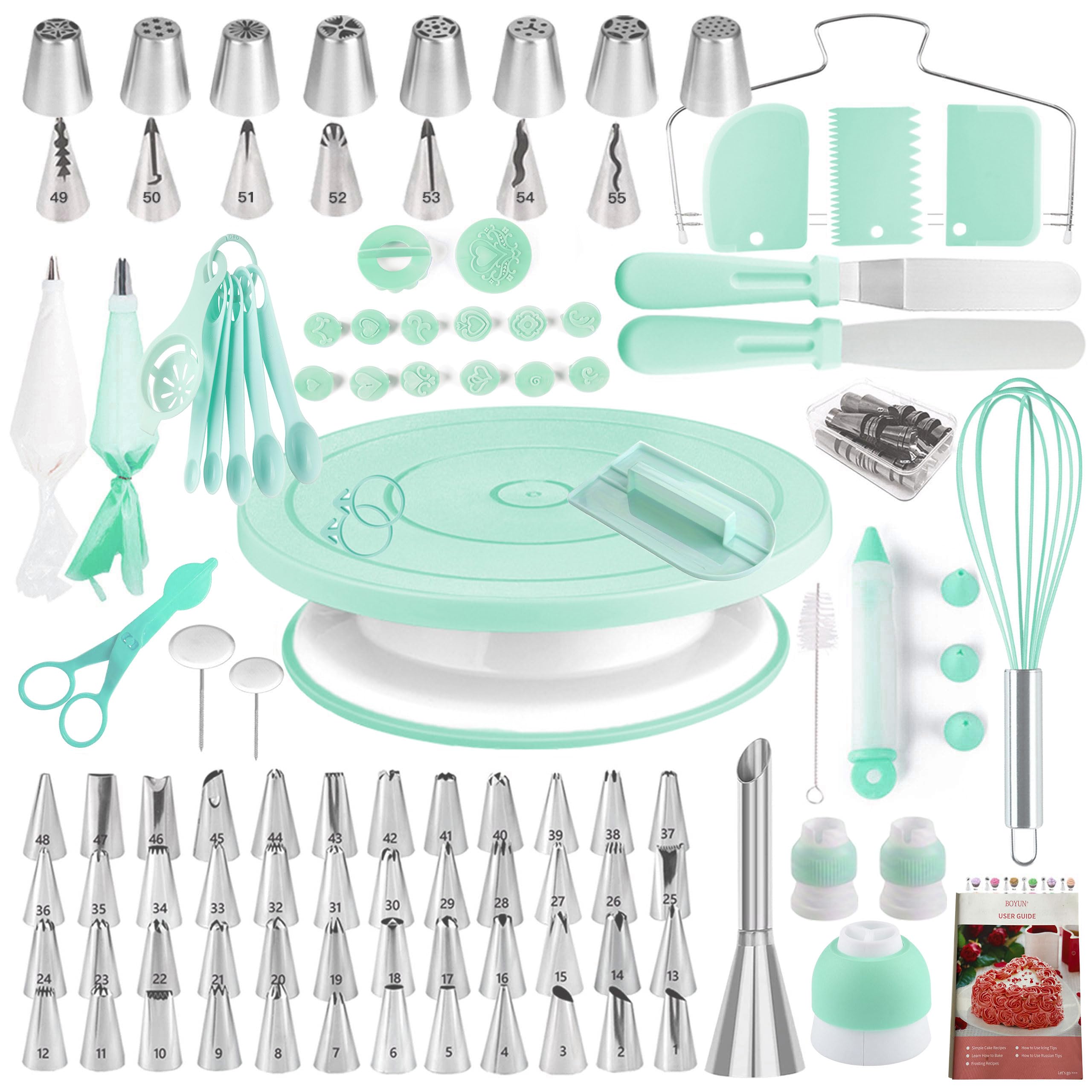 Cake Decorating Kit,137pcs Cake Decorating Supplies with Cake Turntable for Decorating,Pastry Piping Bag,Russian Piping Tips Baking Tools, Cake Baking Supplies for Beginners(Green-ne)