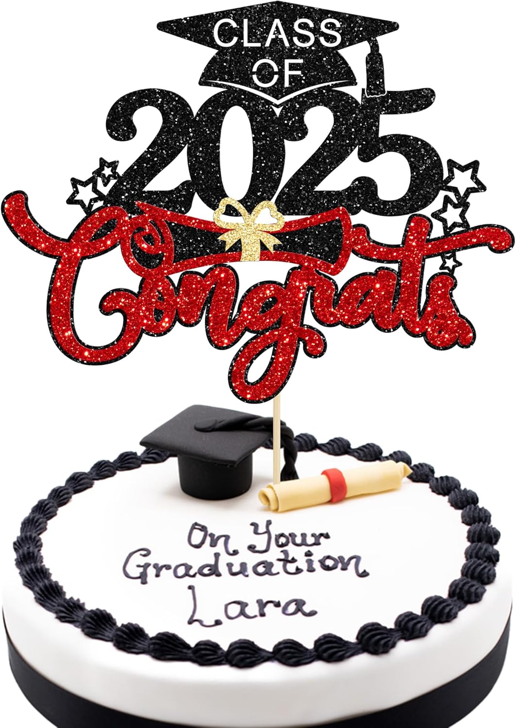 1Pc Congrats Grad 2025 Cake Topper Red Glitter Diploma Graduation Cap Cake Pick Congrats Class of 2025 Cake Decorations for 2025 Graduation Theme High School Boys Girls Graduate Party Supplies