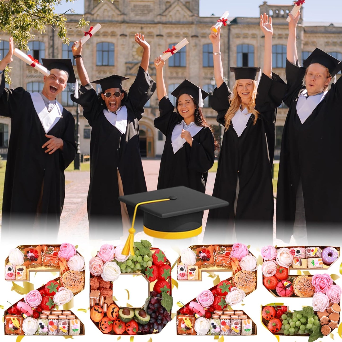 4Pcs 13.7" Graduation Decorations, 2025 Charcuterie Numbers Fillable for Graduation, Food Trays for Chocolate Cookies Goodie Cupcake Candy Tray Grad Party Board Box