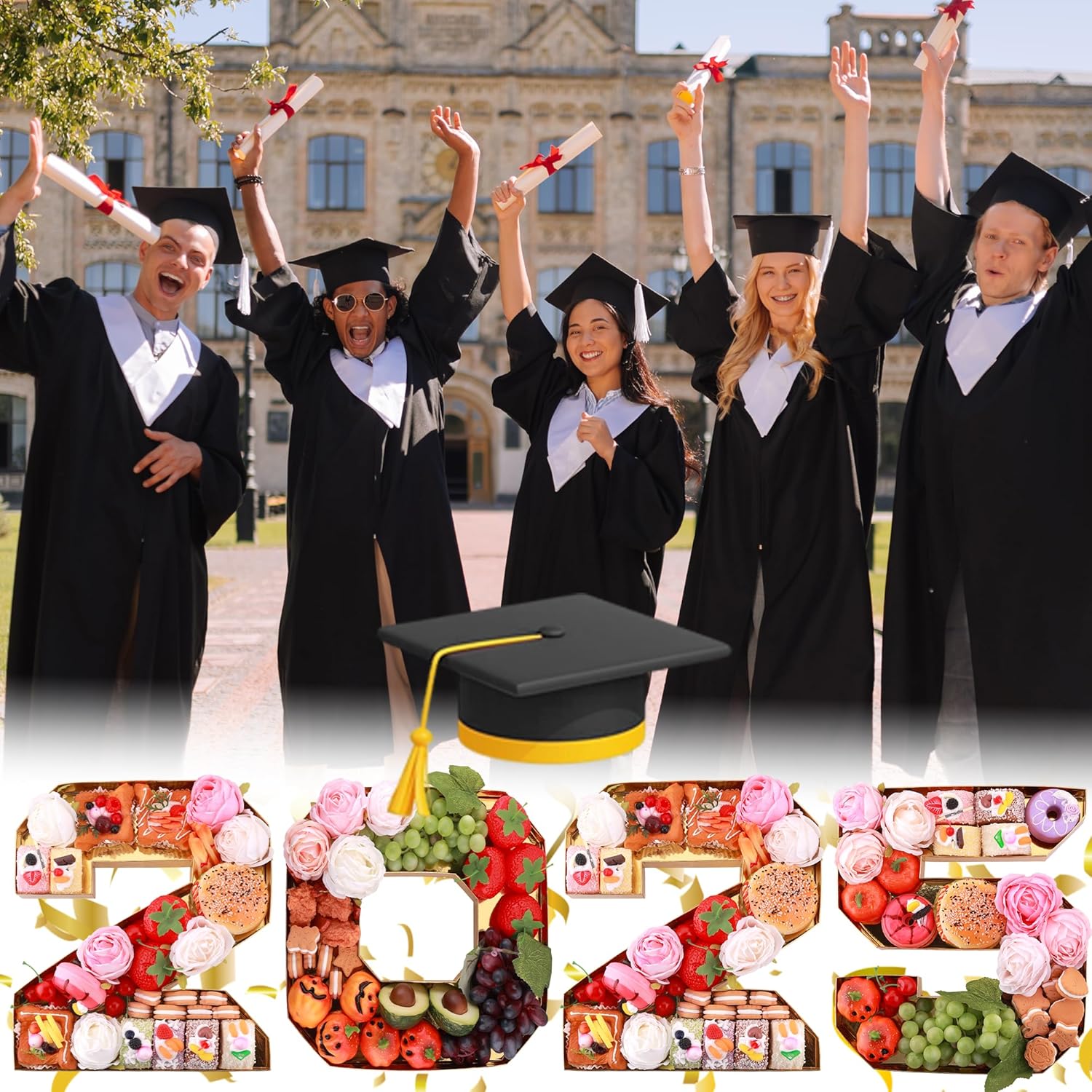 4Pcs 13.7" Graduation Decorations, 2025 Charcuterie Numbers Fillable for Graduation, Food Trays for Chocolate Cookies Goodie Cupcake Candy Tray Grad Party Board Box