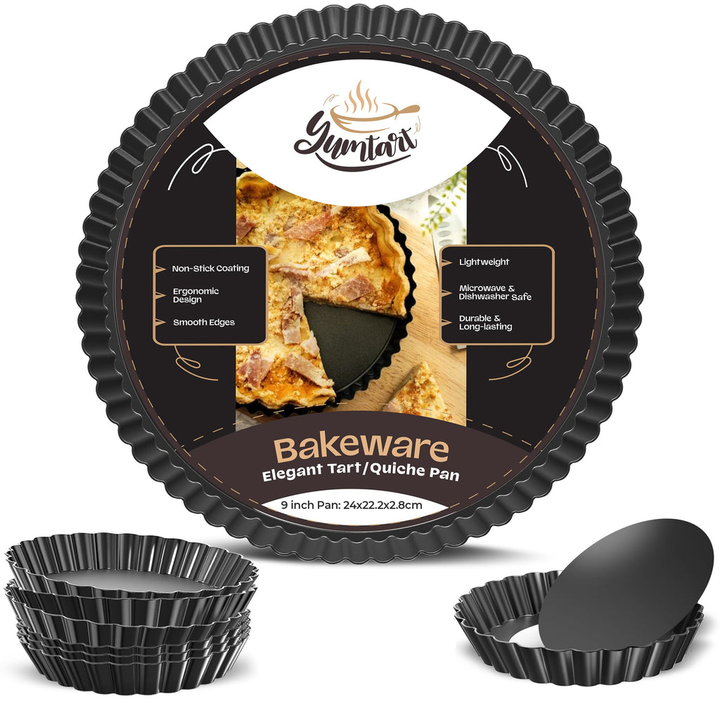 9 Inch Tart Pan with Removable Bottom – Non-Stick Deep Fluted Quiche and Pie Pan, Carbon Steel Loose Bottom Tart Pan, 9.5 Inch Top / 9 Inch Base, 1.1 Inch Deep Baking Pan
