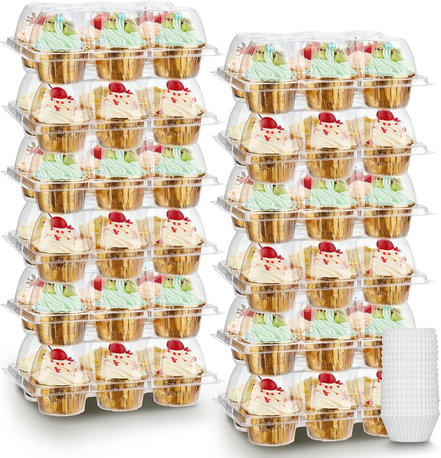 (6 Count x 40 Sets) Stackable Cupcake Containers with 240 Pack Liners, Plastic Cupcakes Boxes Holders for 6 cakes, High Tall Dome Lid Cupcakes Carrier, Clear Cupcake Trays/Containers/Holders