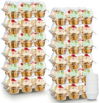 (6 Count x 40 Sets) Stackable Cupcake Containers with 240 Pack Liners, Plastic Cupcakes Boxes Holders for 6 cakes, High Tall Dome Lid Cupcakes Carrier, Clear Cupcake Trays/Containers/Holders
