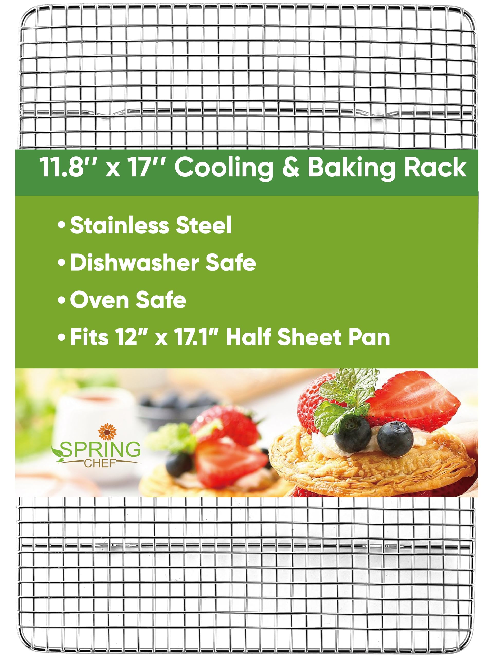 Spring Chef 10" x 15" Stainless Steel Cooling Racks for Baking - Oven Safe - Cookie Racks for Cooling Cookies - Fits Jelly Roll Pan - Perfect for Grilling, Roasting, Cooking, Drying - Set of 2