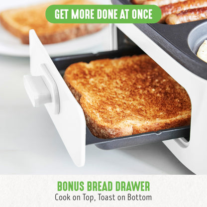 GreenLife 3-in-1 Breakfast Maker Station, Healthy Ceramic Nonstick Dual Griddles for Eggs Meat Sausage Bacon Pancakes and Breakfast Sandwiches, 2 Slice Toast Drawer, Easy-to-use Timer, White