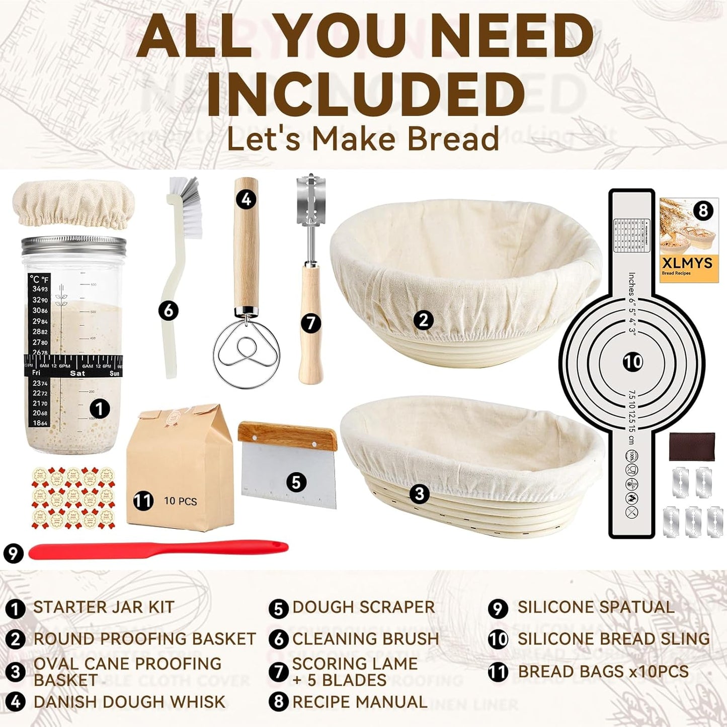 Sourdough Starter Kit - Banneton Proofing Basket 9 Inch Round & 10 Oval, 26 PCS Baking Supplies With Starter Jar, Bread Sling, Lame, Danish Dough Whisk, Bags