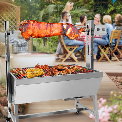 132 LBS Rotisserie Grill Stainless Steel Charcoal Spit Roaster, 37" Pig Lamb Hooded Roaster Charcoal Spit With 25W Motor & Adjustable Height Lockable Casters For Outdoor Party Barbecue