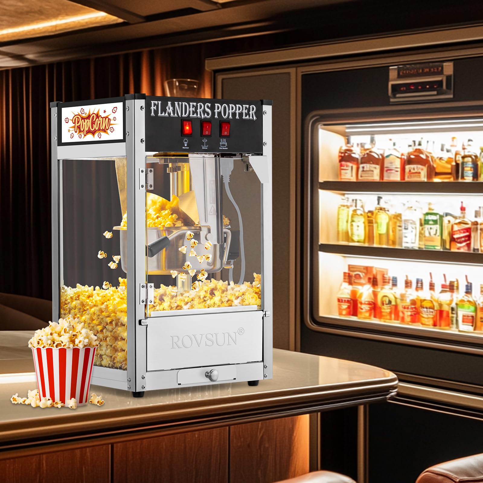 Maszyna do popcornu ROVSUN z czajnikiem 8 uncji, która pozwala przygotować do 32 filiżanek, komercyjna maszyna do popcornu, blatowa maszyna do popcornu ze stalową łyżką, łyżką do oleju i 3 kubkami do popcornu do kina domowego, czarna