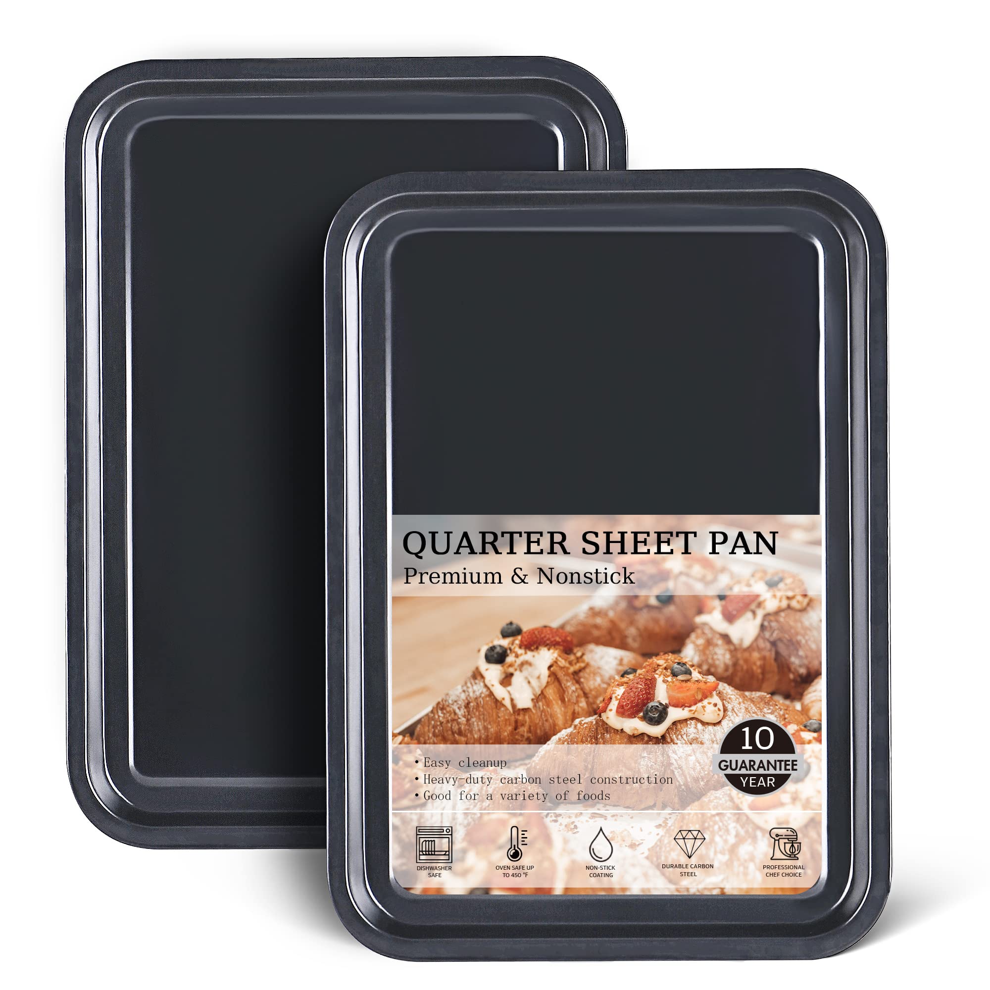 HONGBAKE 2 Pack 9.7X7.5" Toaster Oven Pans for Baking, 57% Thicker Nonstick 1/8 Cookie Sheet Pan Set, Small Baking Tray, Dishwasher Safe and Heavy Duty, Black