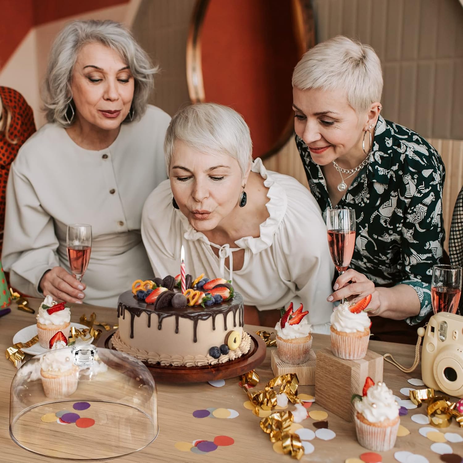 jkwokback Cake Stand with Acrylic Dome, Rotating Cake Plate Acacia Wood Cake Stand with Acrylic Lid, Cake Decorating Turntable for Baking Gifts, Birthday Kitchen Party, Weddings