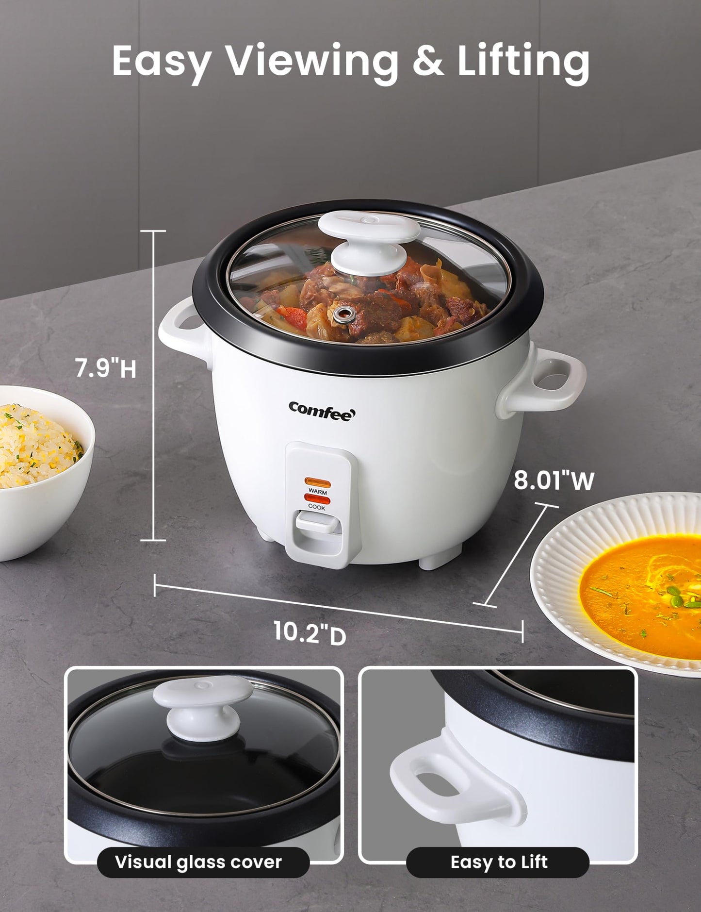 COMFEE' Rice Cooker, 6-Cup Cooked/3-Cup Uncooked, Removable Non-Stick Bowl, for Soups, Stews, Grains&Oatmeal, One Touch, White