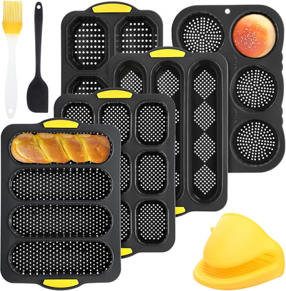 8 Pcs Silicone Baguette Hamburger Bun Baking Pan Set 4 6 9 Cup French Bun Mold 3 Cup Nonstick Baguette Bread Pan with Tool for Homemade Bread Loaf Sandwich Microwave