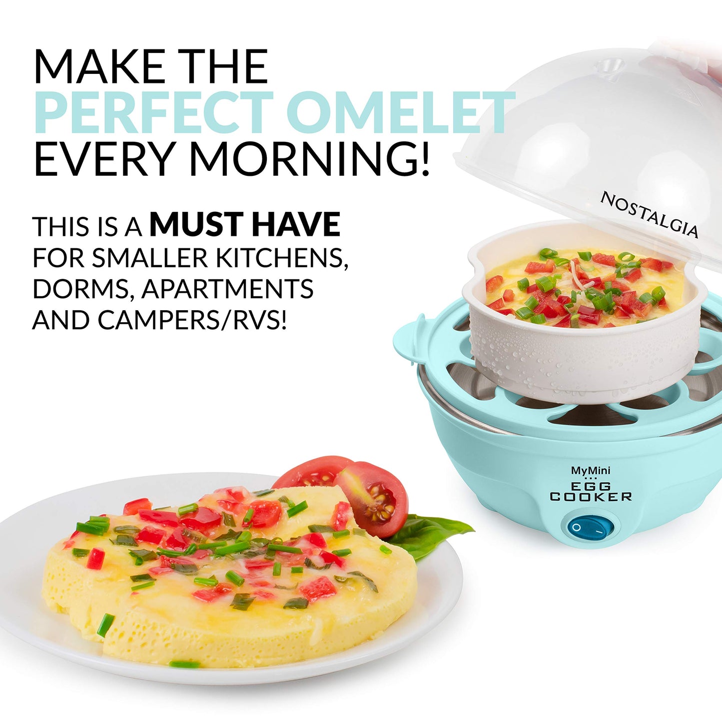 Nostalgia Retro Electric Large Hard-Boiled Egg Cooker, 7 Capacity, Poached, Scrambled, Omelets, Whites, Sandwiches, for Keto & Low-Carb Diets, Aqua