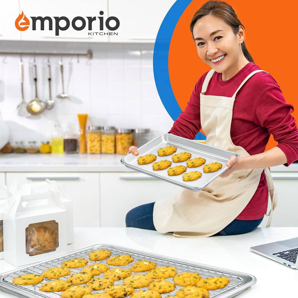 Baking Pan Set - 9" x 13" Aluminum Baking Pan with Stainless Steel Cooling Rack Set, PFOA, PFOS, PTFE Free, Recipe Booklet Included, Oven Safe Tray, Resist Heat Up To 500° F, Set of 2