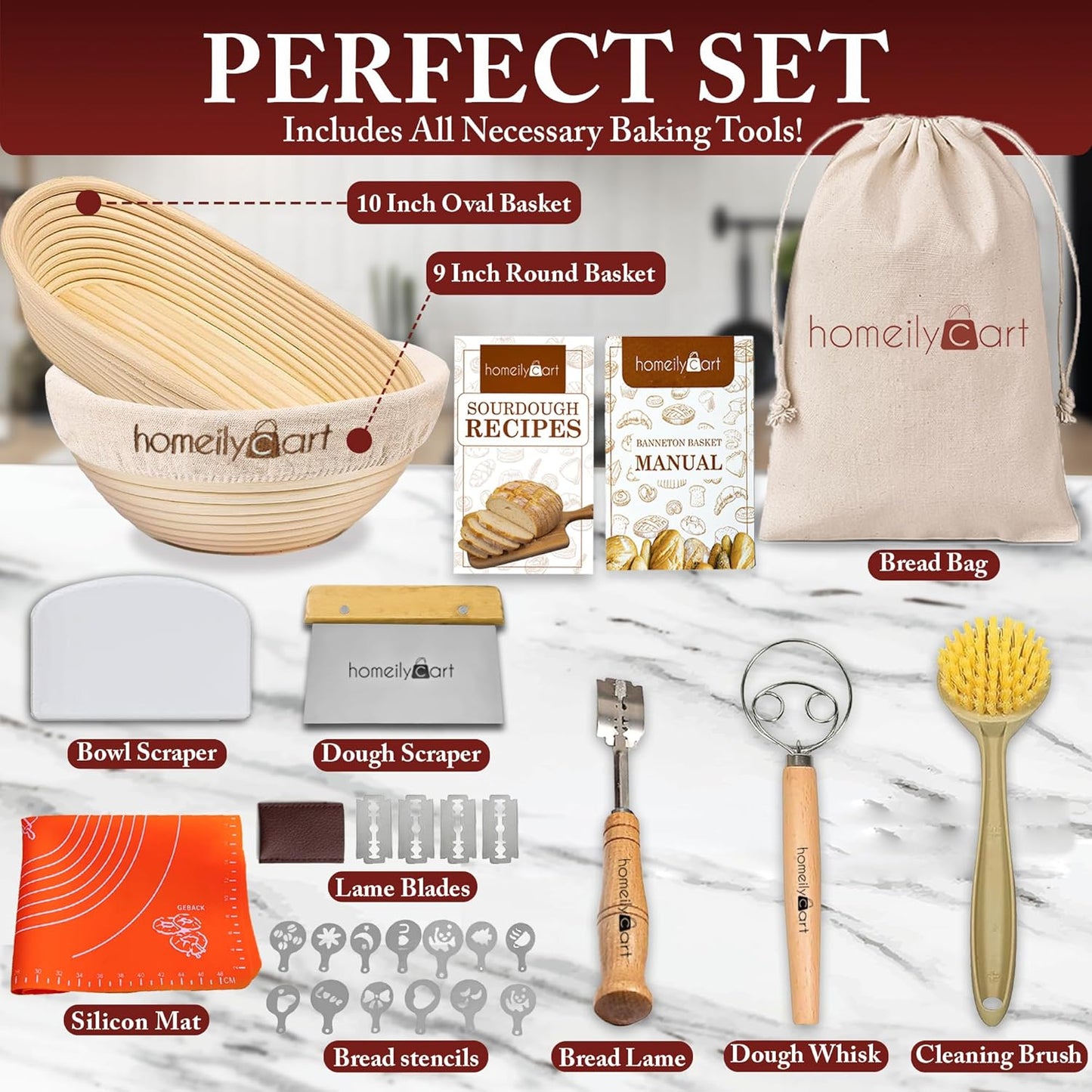 Banneton Bread Proofing Basket Set of 2-9" Round & 10" Oval - Rattan Sourdough Proofing Baskets and Sourdough Bread Baking Supplies for home bakers.