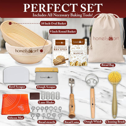 Banneton Bread Proofing Basket Set of 2-9" Round & 10" Oval - Rattan Sourdough Proofing Baskets and Sourdough Bread Baking Supplies for home bakers.