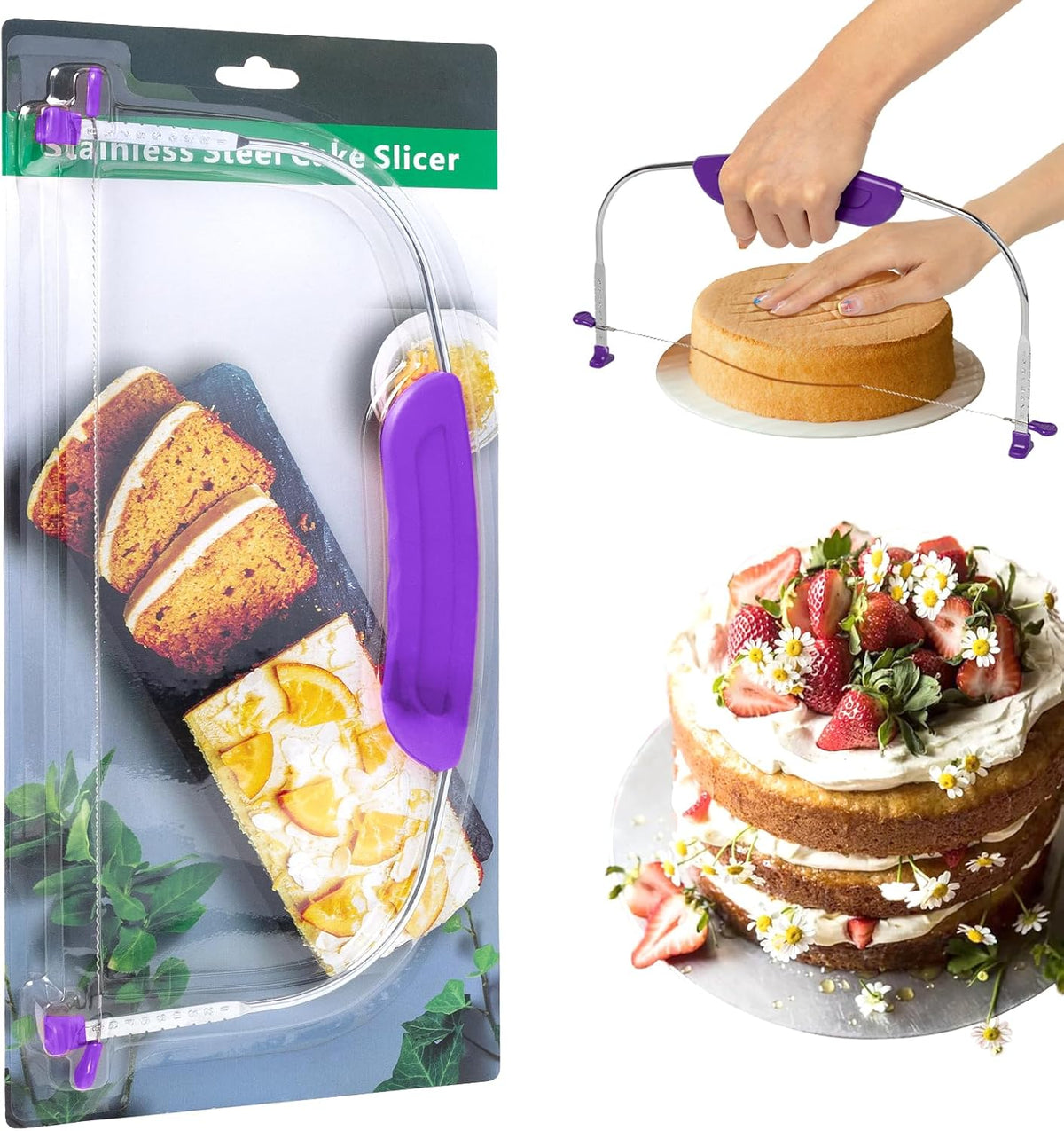 Adjustable Cake Leveler Cutter, Baking Supplies Tool for Kitchen, Professional Large Size Cake Cutter Slicer for Leveling, Single Stainless Steel Wire and Plastic Handle (Purple, 1pc)