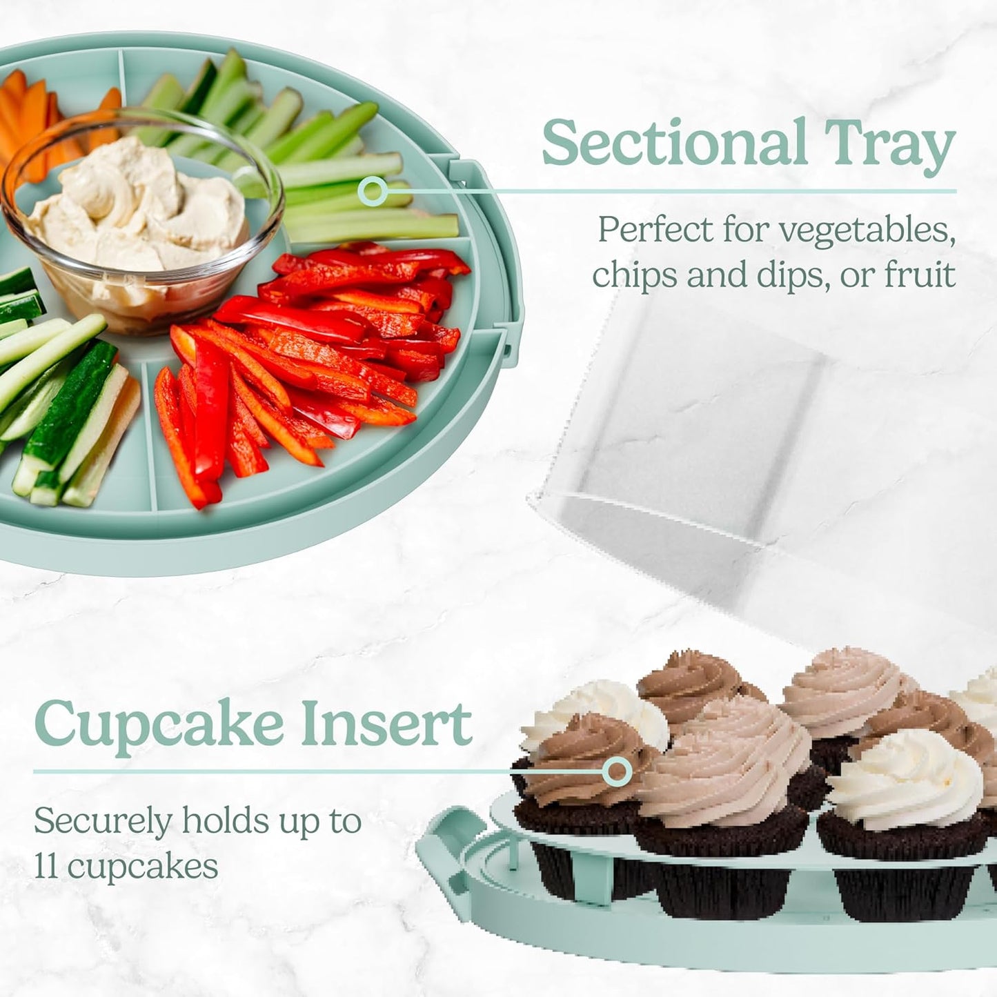 Cake Carrier with lid and Handle - Multipurpose Cake Stand with Lid for 10” Cake, Pie, Cupcakes - Cake Holder & Lid, Plastic Cake Container, Round Cake Cover for Transport & Storage (Seafoam Green)