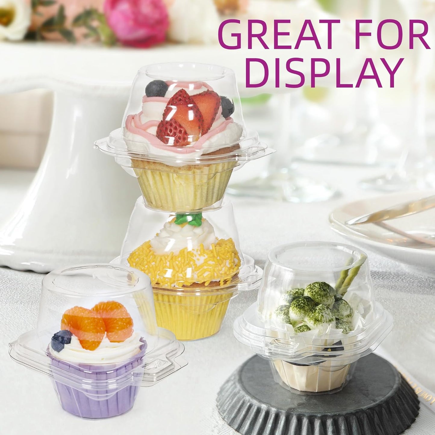 LotFancy Individual Cupcake Containers, 100 Pcs Plastic Clear Cupcake Boxes, Disposable Single Cupcake Holders with Dome Lid, Stackable Muffin Carrier for Wedding Baby Shower