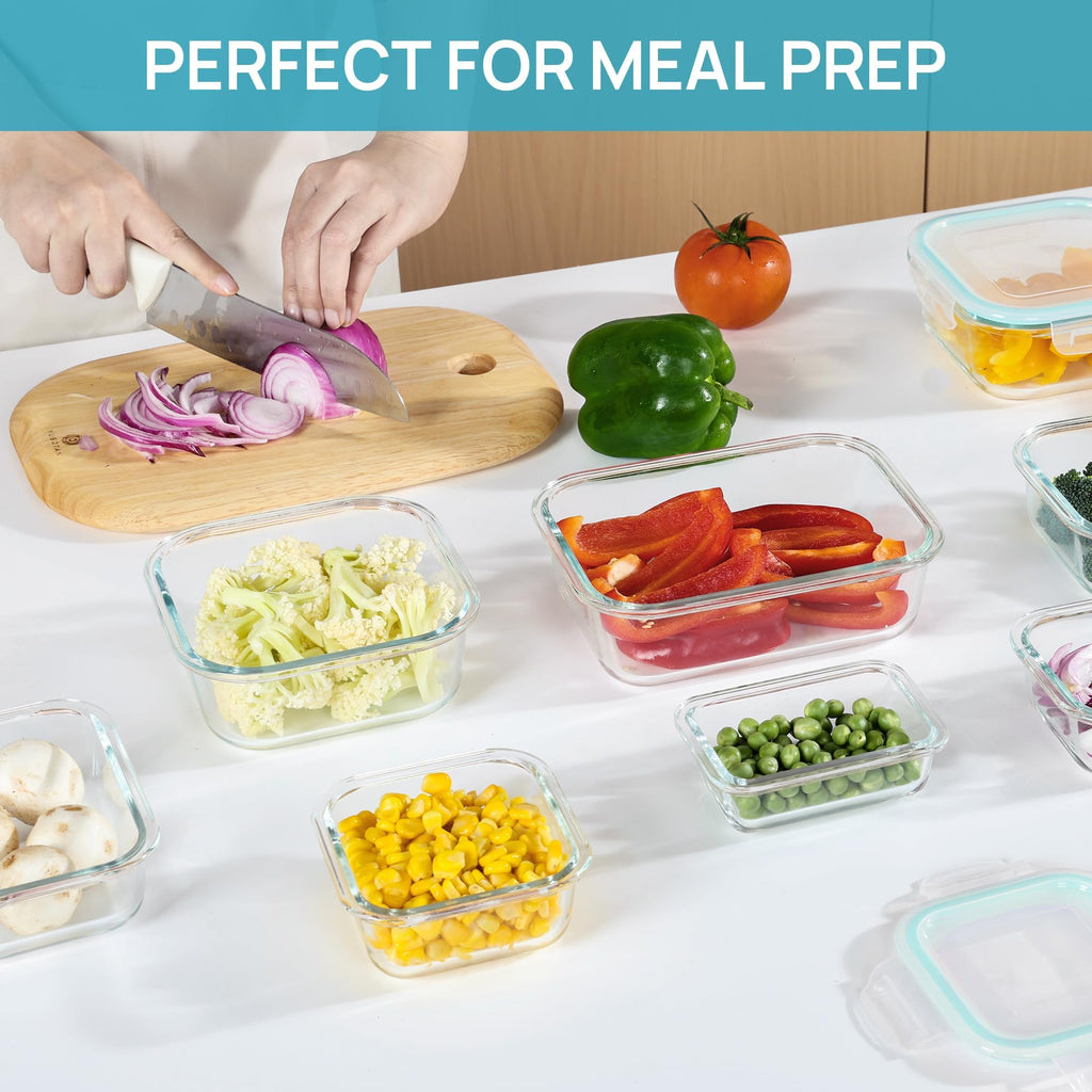 Vtopmart 8 Pack Szklane pojemniki do przechowywania żywności z hermetycznymi pokrywkami, Szklane pojemniki do przygotowywania posiłków, Bento Boxy na lunch, do kuchenki mikrofalowej, piekarnika, zamrażarki i zmywarki, bez BPA