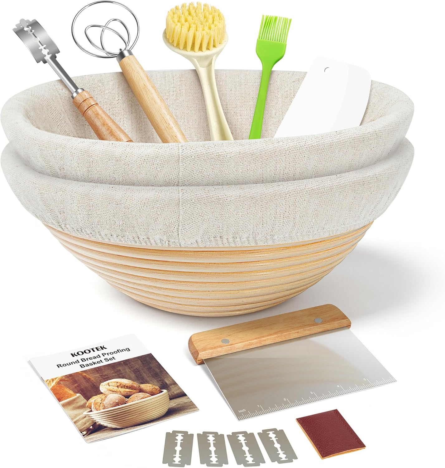 Kootek Banneton Bread Proofing Basket Set of 2, 9 Inch Round Sourdough Starter Kit, Baking Supplies Tools with Dough Whisk, Scoring Lame, and Other Accessories for Artisan Bread Making