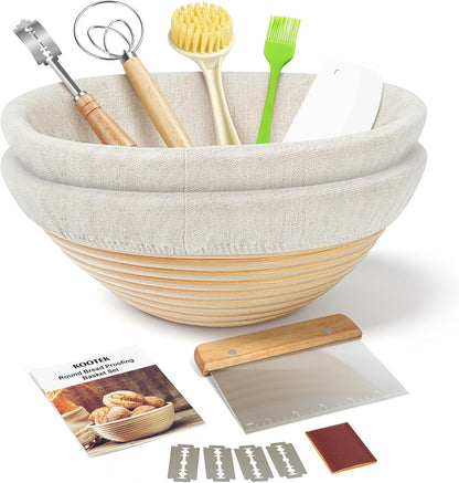 Kootek Banneton Bread Proofing Basket Set of 2, 9 Inch Round Sourdough Starter Kit, Baking Supplies Tools with Dough Whisk, Scoring Lame, and Other Accessories for Artisan Bread Making