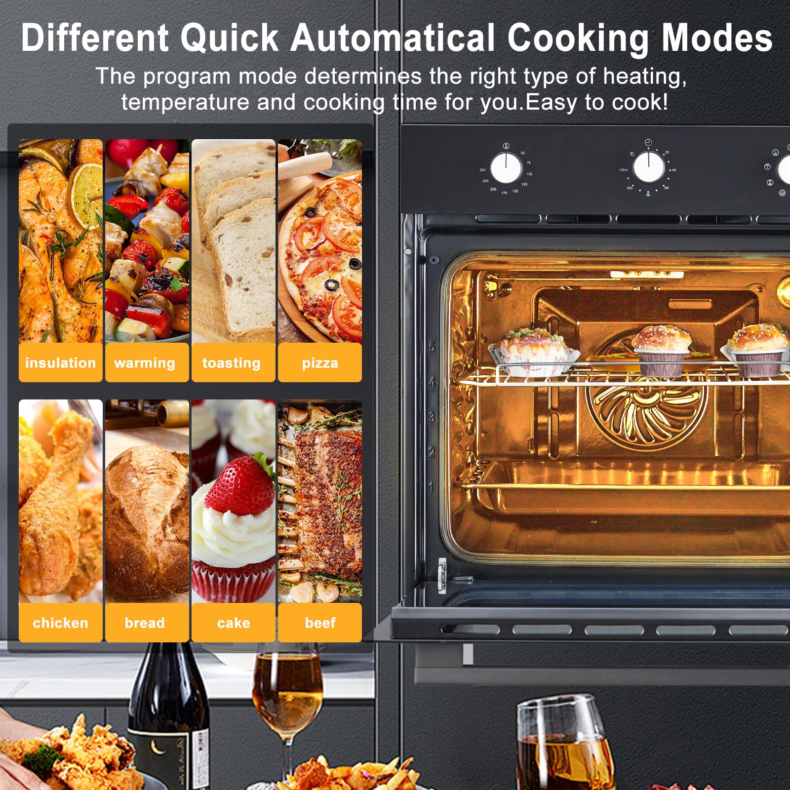Piekarnik ścienny TacleeKii Single Wall Oven 24" do zabudowy elektryczny - 2,5 Cu.Ft duża pojemność, doskonała moc gotowania, 8 trybów gotowania, 3000 W, szkło bezpieczne z potrójną warstwą