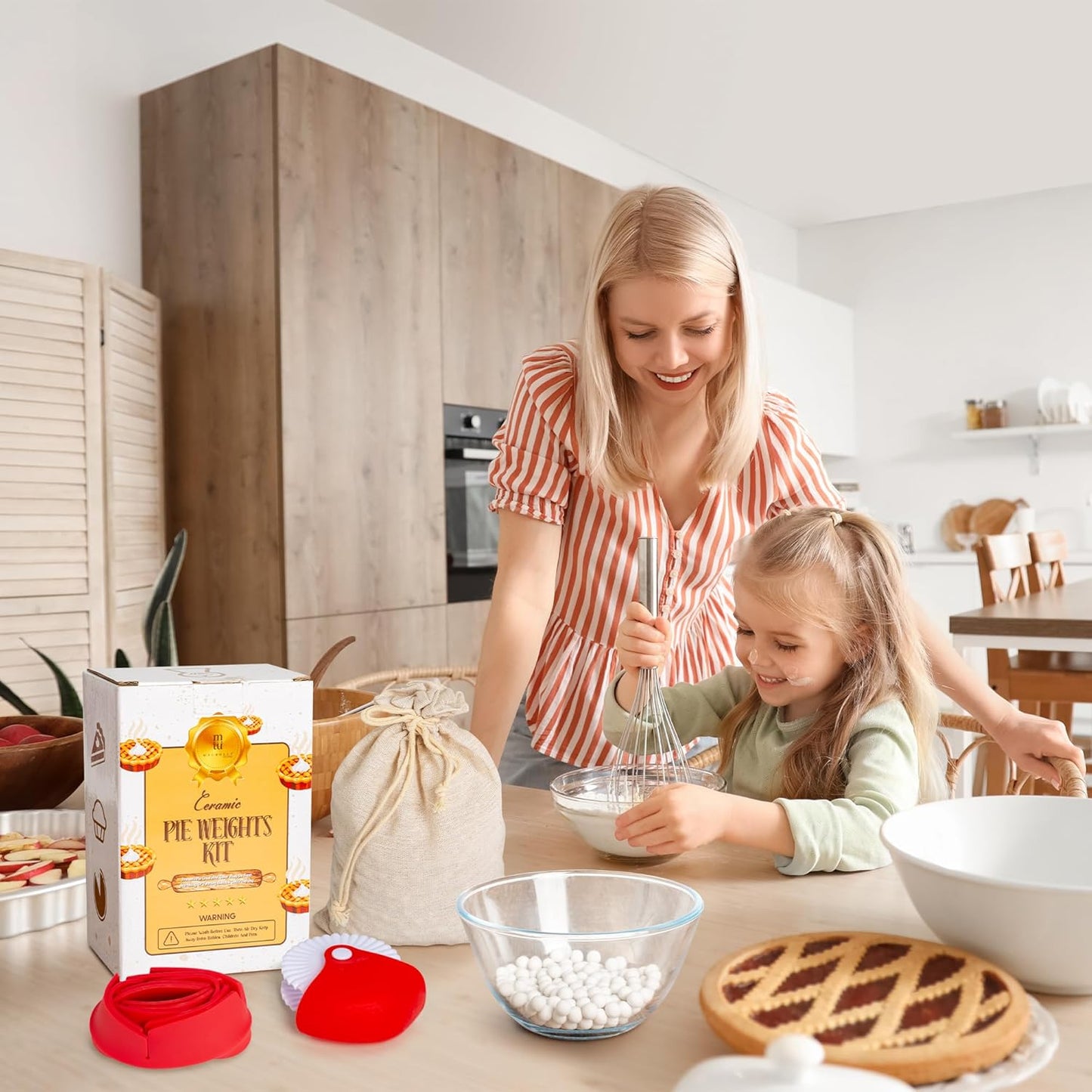 2.2 LB Pie Weights with Pie Crust Shield and Pie Crust Cutter – All In One Baking Supplies Kit with Ceramic Beads – Durable Food-Grade Baking Tools Ideal for Pies, Tarts, Cakes, White