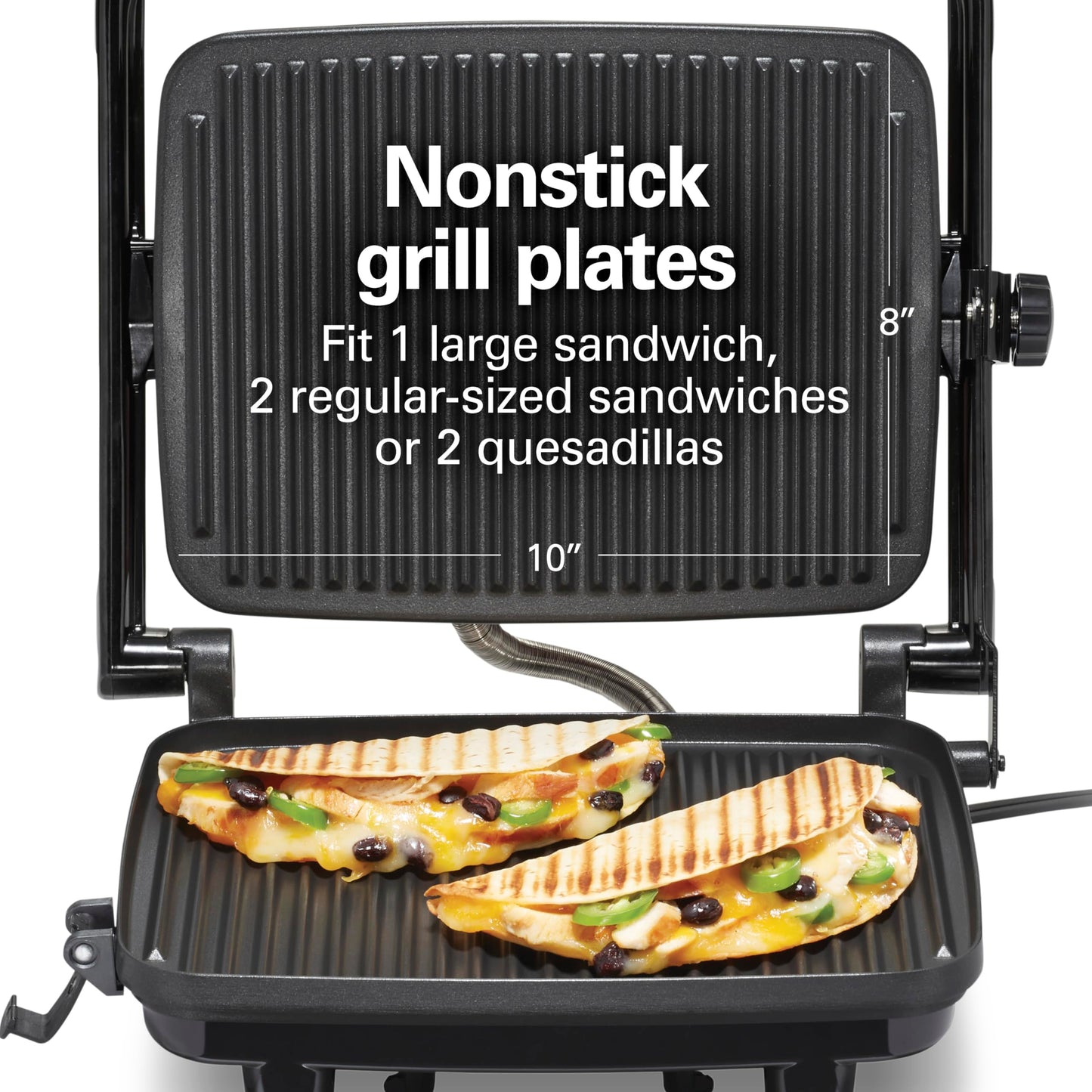 Hamilton Beach Panini Press Sandwich Maker & Electric Indoor Grill with Locking Lid, Opens 180 Degrees for any Thickness for Quesadillas, Burgers & More, Nonstick 8" x 10" Grids, Chrome (25460AG)