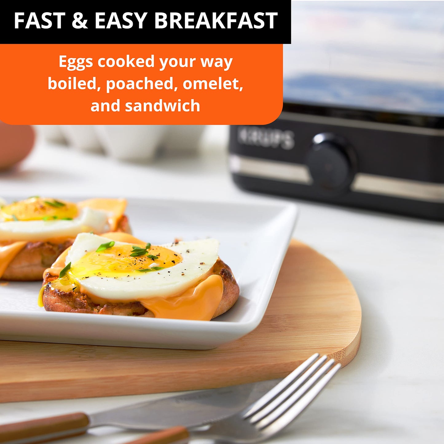 KRUPS: Simply Electric Plastic and Stainless Steel Egg Cooker 6 Eggs 400 Watts Hard, Medium, and Soft Boiled, Poached, Scrambled, Omelets, Rapid Cook Black