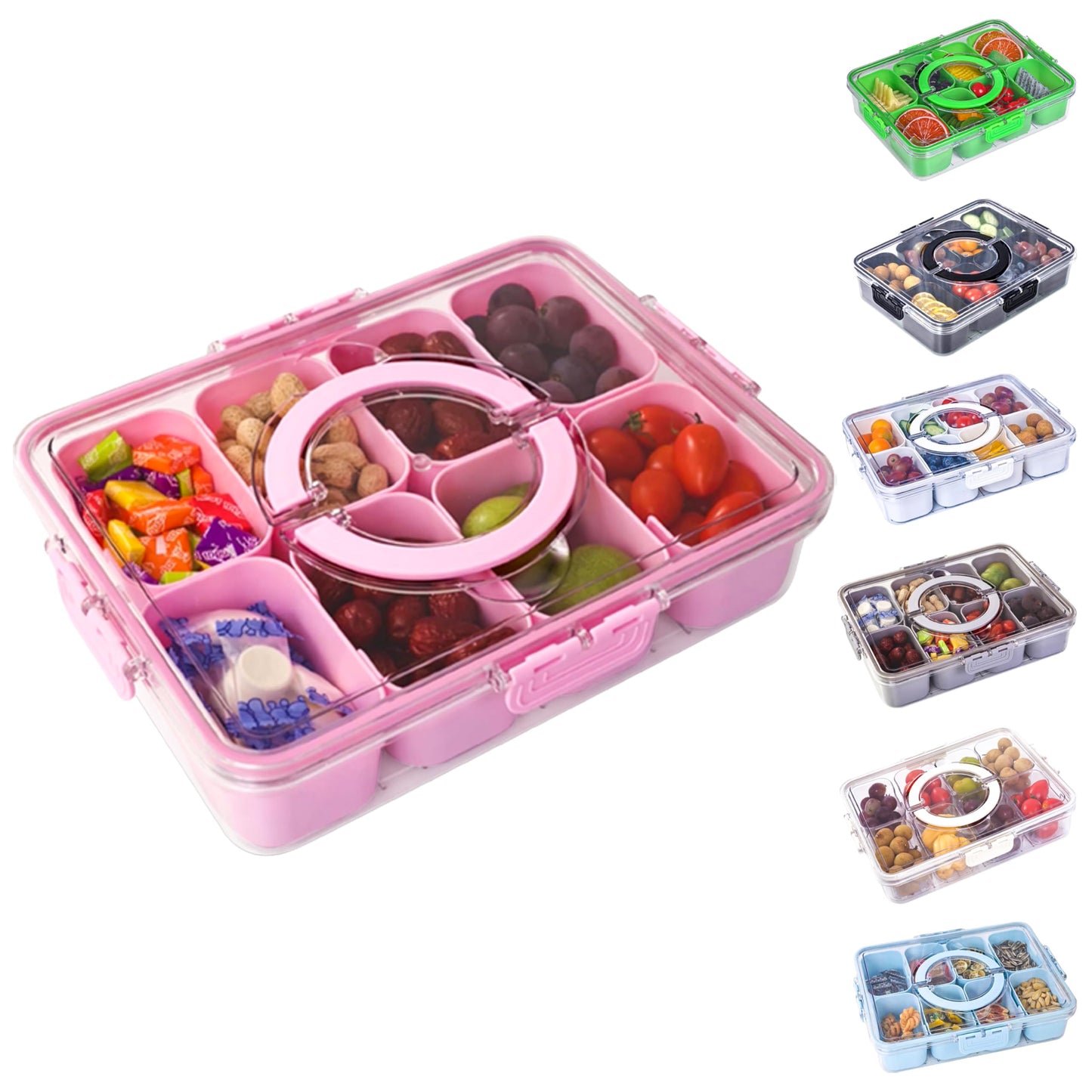 Snackle Box Container with Lid- Travel Charcuterie Box with Handle - Organizer for Candy, Fruit, Nuts, Veggies, Snacks, Beach Essentials, Portable Lunch Box (Pink, Small)