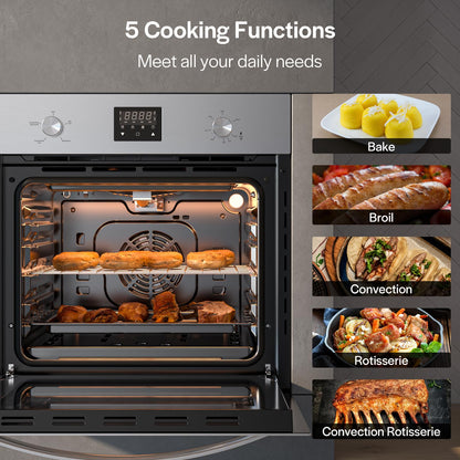 Empava Single Gas Wall Oven with 5 Cooking Funcitons 24 inch, Built-in Convection Fan, NG Only Mechanical Control Knobs, Digital Display Panel, Stainless Steel