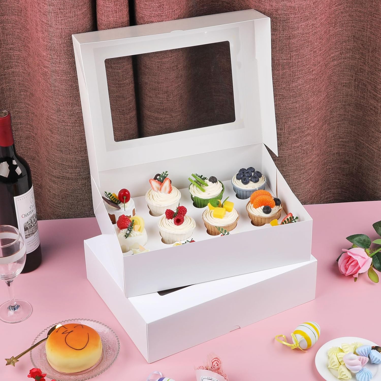 Cupcake Boxes, 2 Pack Disposable Cupcake Containers, Food Grade Cupcake Carrier 12 Count with Window and Inserts, Cupcake Transport Holders Bulk for Muffins Cookies Treats Dessert（White）