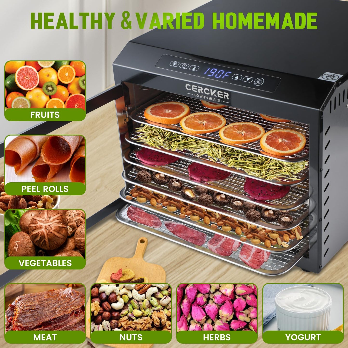 Food-Dehydrator Machine 7 Stainless Steel Trays, 6ft² Jerky Dehydrator,120V Small Food Dehydrator, 190ºF Mushroom Dehydrator, 24H Fruits Dehydrator, 800W Meat Dehydrator for Herbs Veggies,Dog Treats