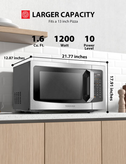 TOSHIBA ML-EM45PIT(SS) Countertop Microwave Oven with Inverter Technology, Kitchen Essentials, Smart Sensor, Auto Defrost, 1.6 Cu.ft, 13.6" Removable Turntable, 33lb.&1250W, Stainless Steel