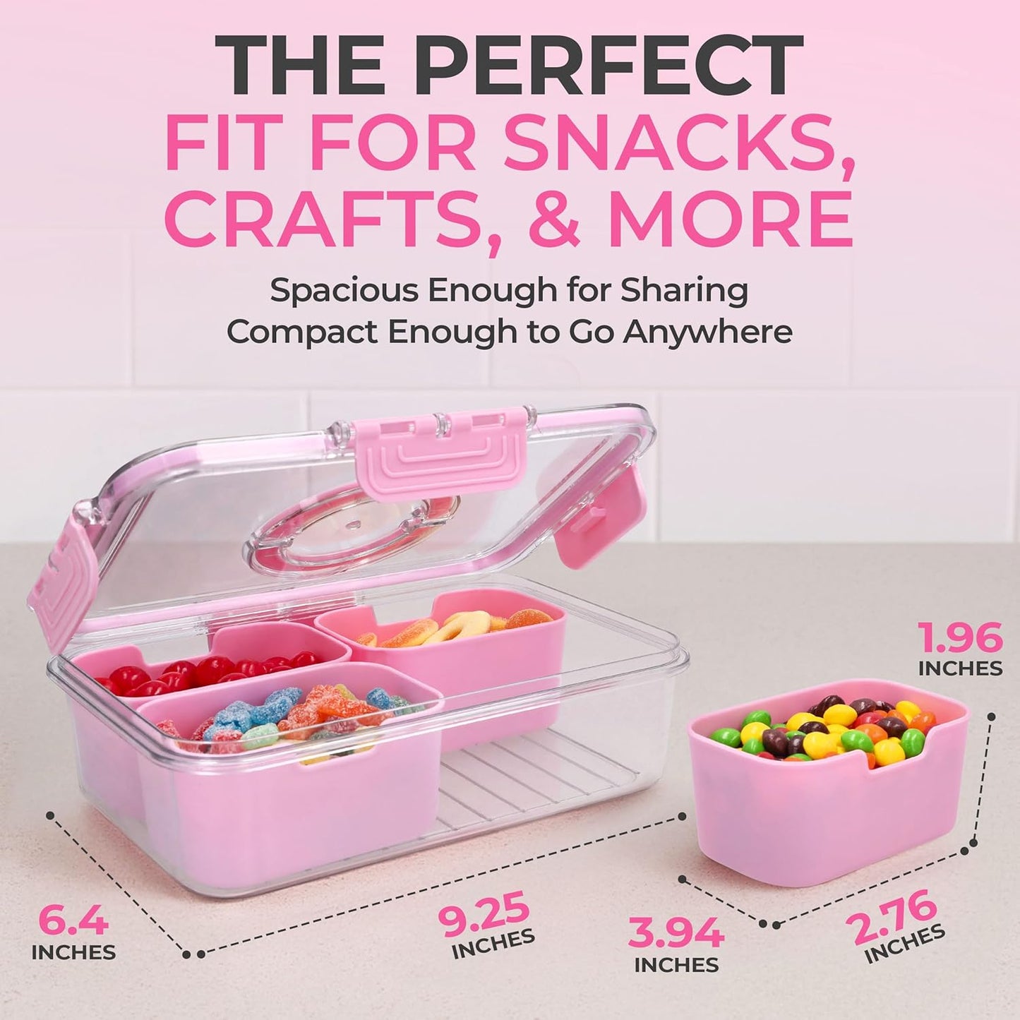 Snackle Box Container with Lid- Travel Charcuterie Box with Handle - Organizer for Candy, Fruit, Nuts, Veggies, Snacks, Beach Essentials, Portable Lunch Box (Pink, Small)