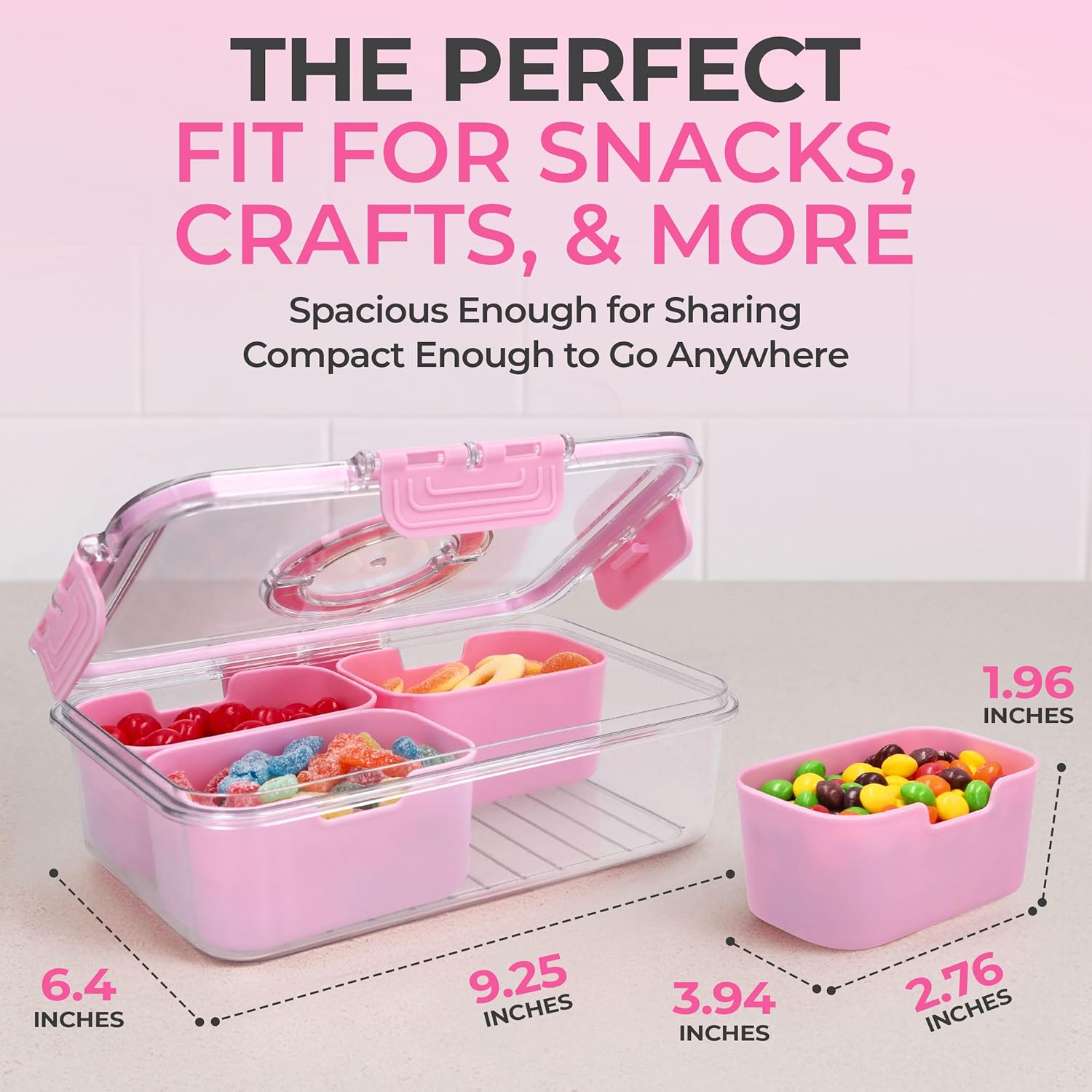 Snackle Box Container with Lid- Travel Charcuterie Box with Handle - Organizer for Candy, Fruit, Nuts, Veggies, Snacks, Beach Essentials, Portable Lunch Box (Pink, Small)