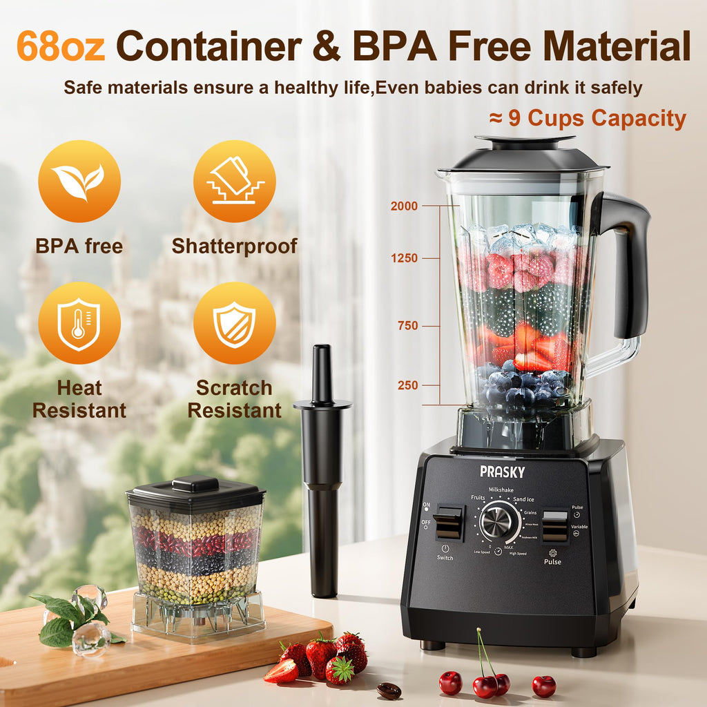 Profesjonalny blender, blendery do koktajli, PRASKY Max. 2400 W/1000 W Blender i młynek Combo 25000 RPM Mocny blender kuchenny 68 uncji Bez BPA 2 pojemniki Blendery stołowe Kruszenie lodu, sok