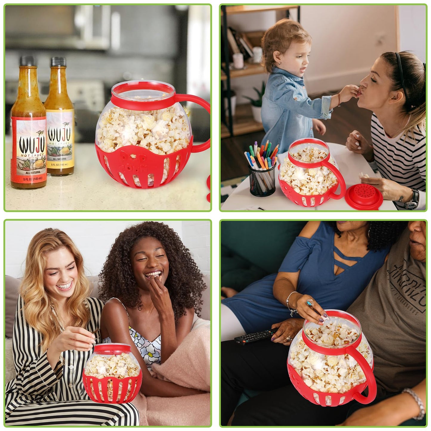 MMUGOOLER Glass Microwave Popcorn Popper, 2.25QT Original Popcorn Jar with Silicone Lid, Without BPA, Dishwasher Safe- Red