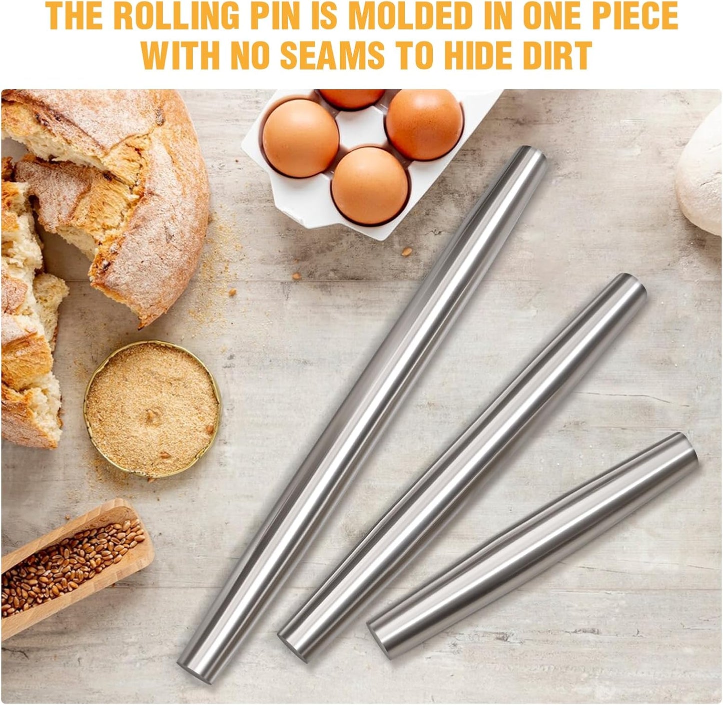 Smooth Stainless Steel Rolling Pin for Baking Fondant, Pizza, Pie, Pastry, Pasta, Dough, Cookies (12.8in)