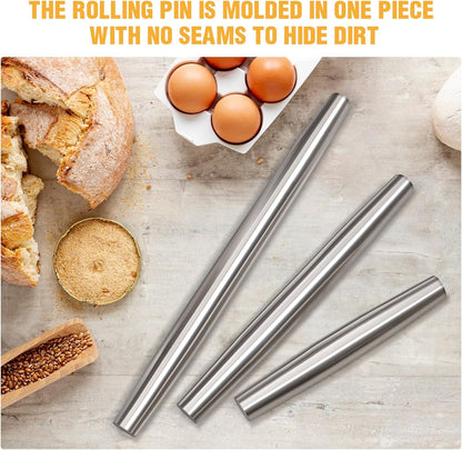 Smooth Stainless Steel Rolling Pin for Baking Fondant, Pizza, Pie, Pastry, Pasta, Dough, Cookies (12.8in)