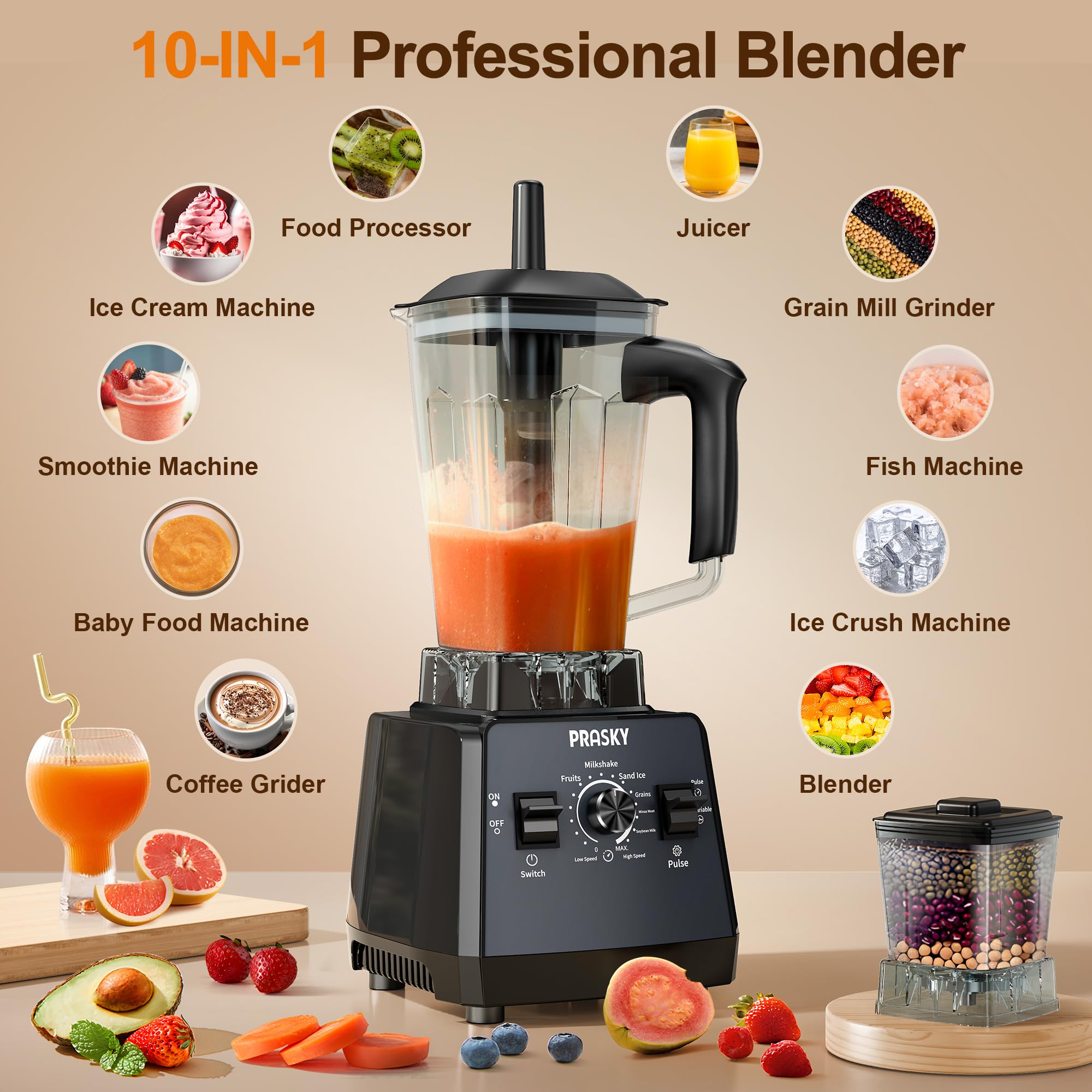 Profesjonalny blender, blendery do koktajli, PRASKY Max. 2400 W/1000 W Blender i młynek Combo 25000 RPM Mocny blender kuchenny 68 uncji Bez BPA 2 pojemniki Blendery stołowe Kruszenie lodu, sok