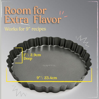 Patz&Patz Fluted Tart Pan 9 Inch Removable Bottom with Patented Silicone Crust Shaper | Nonstick Carbon Steel Quiche Baking Dish, Fruit Tart Molds for Baking, Quiche Pan & Pie Mold - PFOA & PTFE-Free