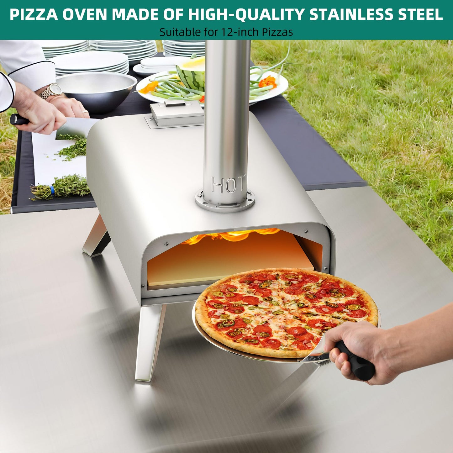 YITAHOME Wood Fired Outdoor Pizza Oven, 12" Portable Pellet Pizza Ovens with Pizza Peel & Pizza Cutter, Woodfire Pizza Maker for Outside Kitchen Cooking Stainless Steel Silver